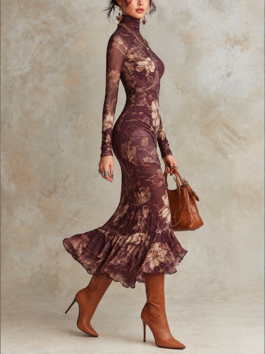 High Neck Purple Satin Floral Dress with Sheer Long Sleeves and Flared Hem