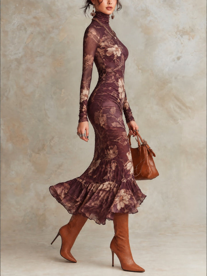 High Neck Purple Satin Floral Dress with Sheer Long Sleeves and Flared Hem
