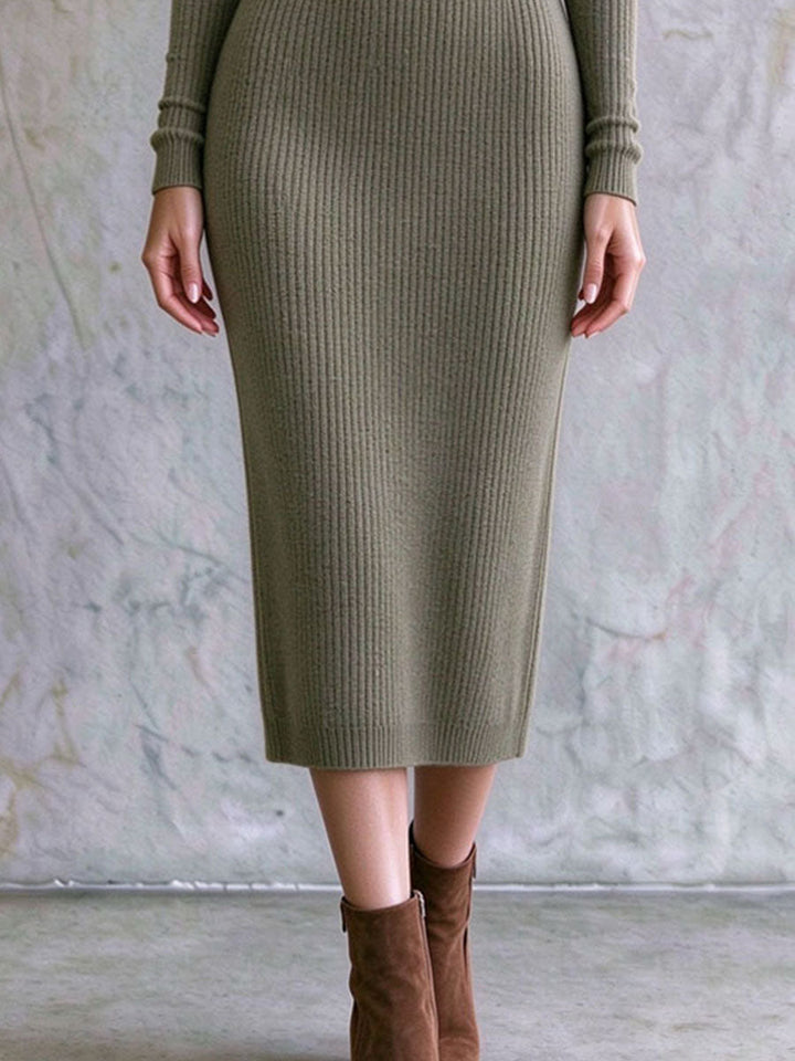 Chic Olive Midi Dress with Round Neckline