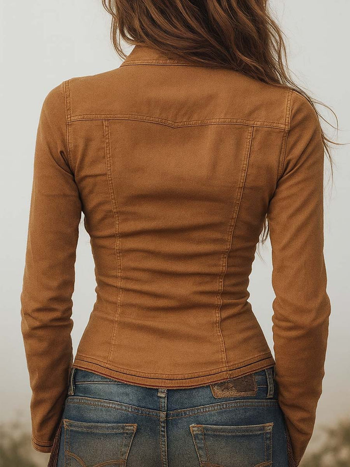 Retro Camel Shirt Featuring Contrast Stitch Details