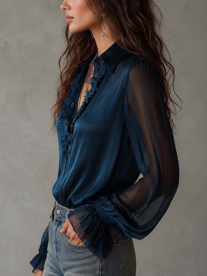 Retro Tencel Blend Sheer Long Sleeve Shirt with Casual Collar
