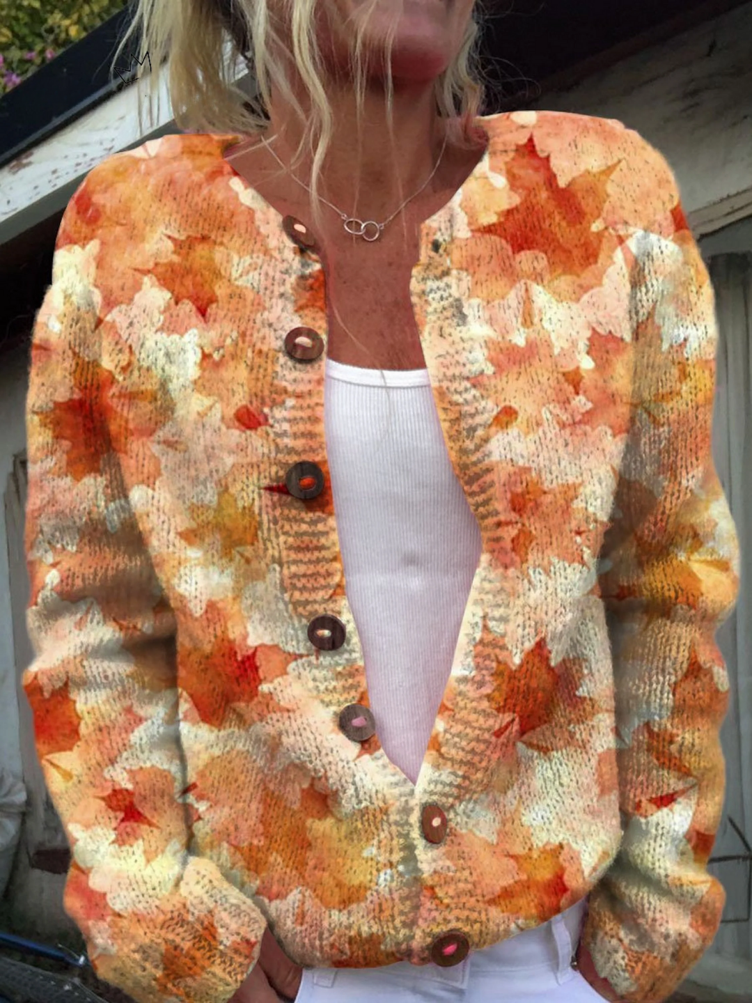 Knitted Jacket with Maple Leaf Design and Buttons