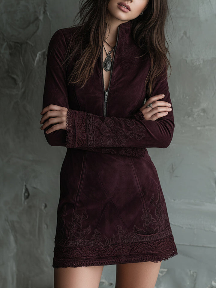 Vintage-Inspired Suede Mini Dress Featuring Embroidered Lace Accents