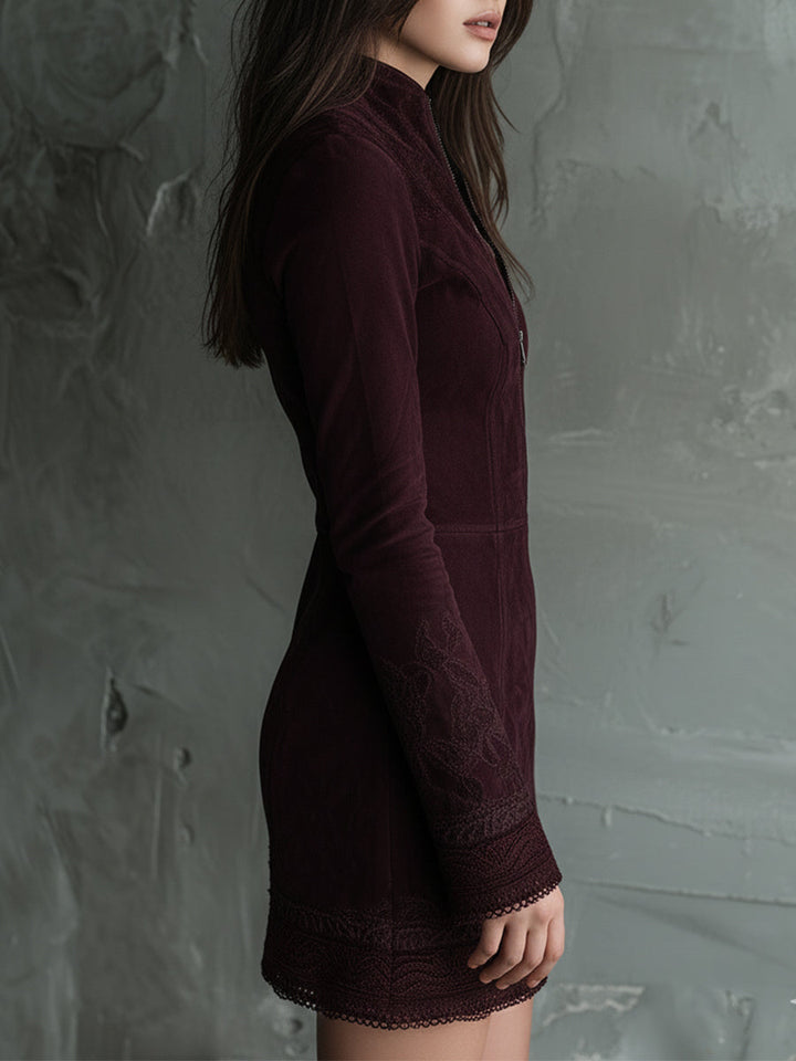 Vintage-Inspired Suede Mini Dress Featuring Embroidered Lace Accents