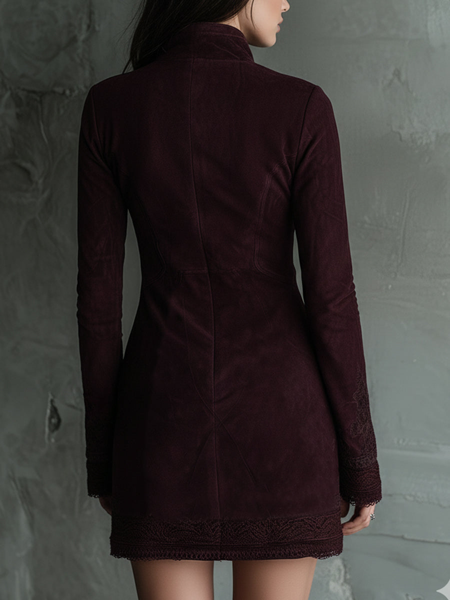 Vintage-Inspired Suede Mini Dress Featuring Embroidered Lace Accents