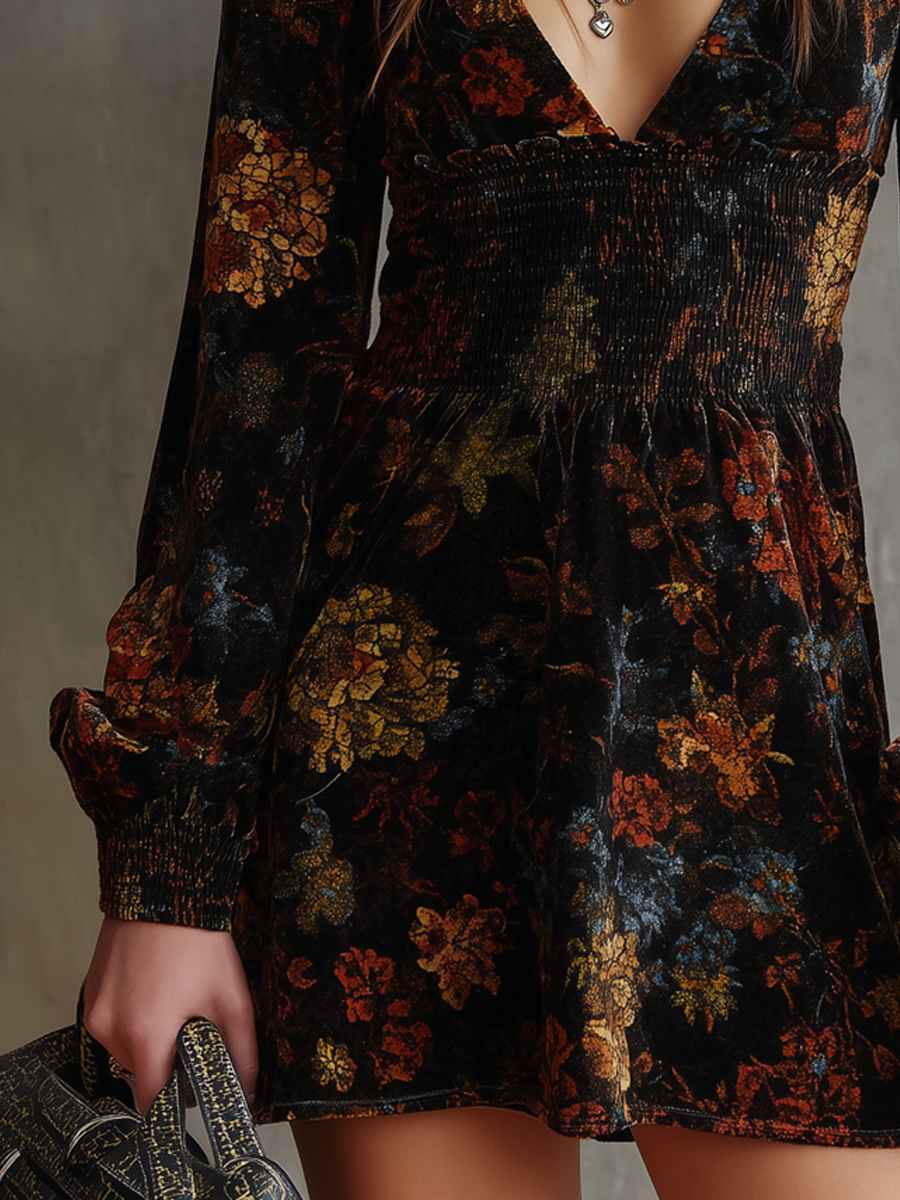 Vintage-Inspired Velvet Mini Dress with Pleated Waist and Floral Design