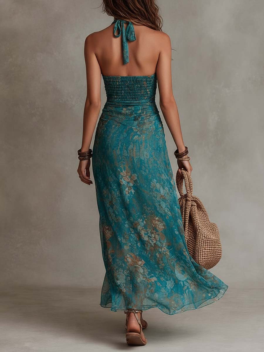 Retro Boho Floral Chiffon Halter Maxi Dress with High Slit