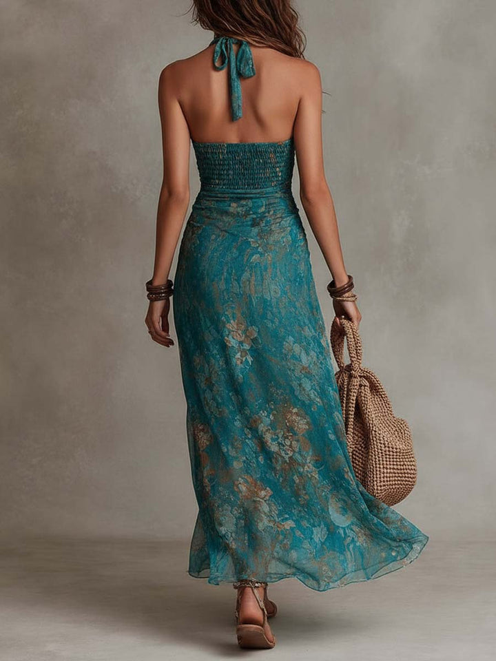 Retro Boho Floral Chiffon Halter Maxi Dress with High Slit