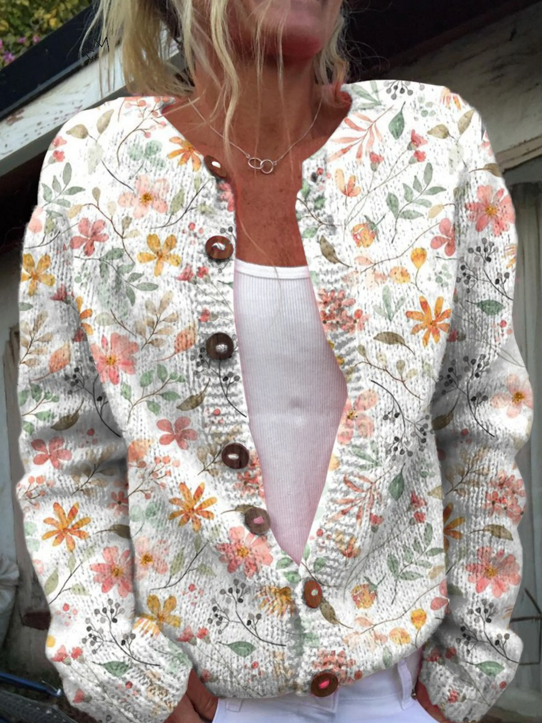 Cardigan with Fresh Floral Pattern and Buttons