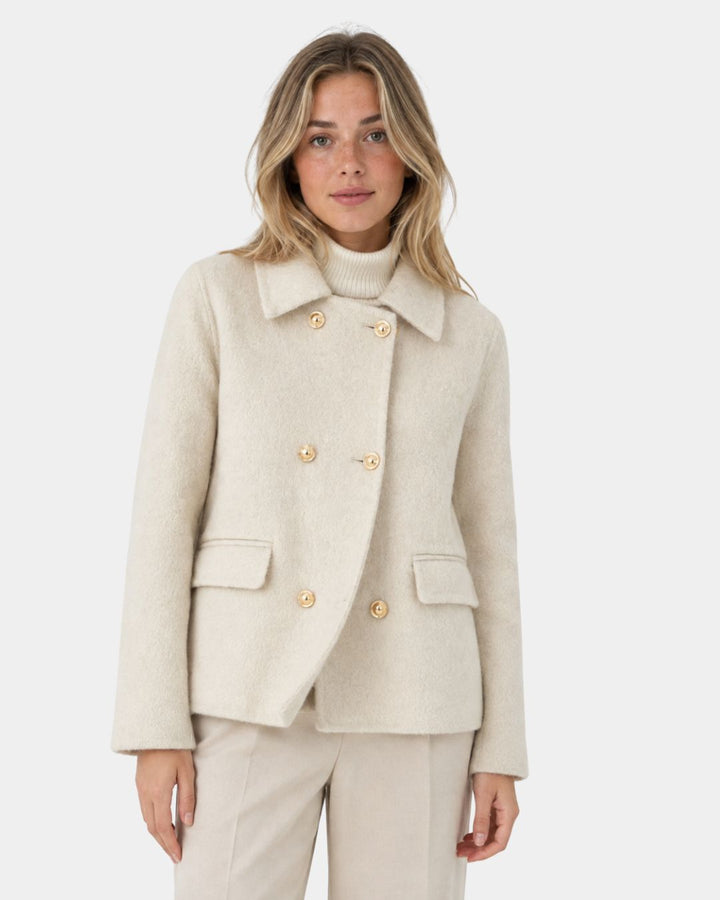 Short Double-Breasted Coat Featuring Elegant Gold Buttons