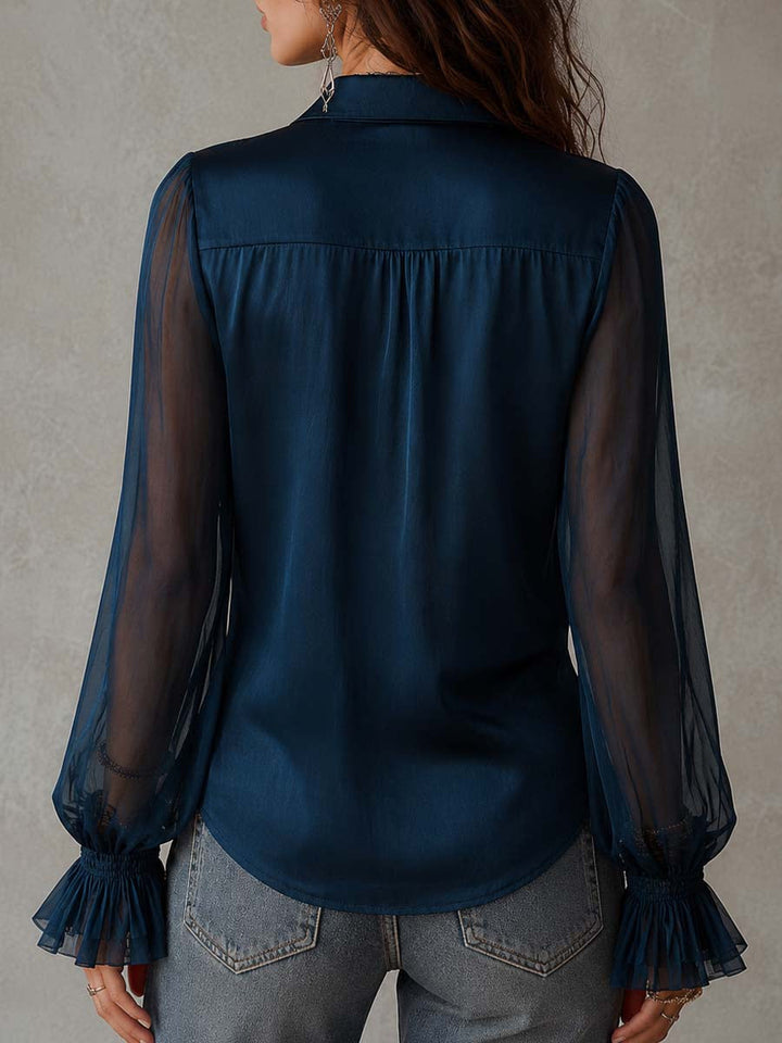 Retro Tencel Blend Sheer Long Sleeve Shirt with Casual Collar