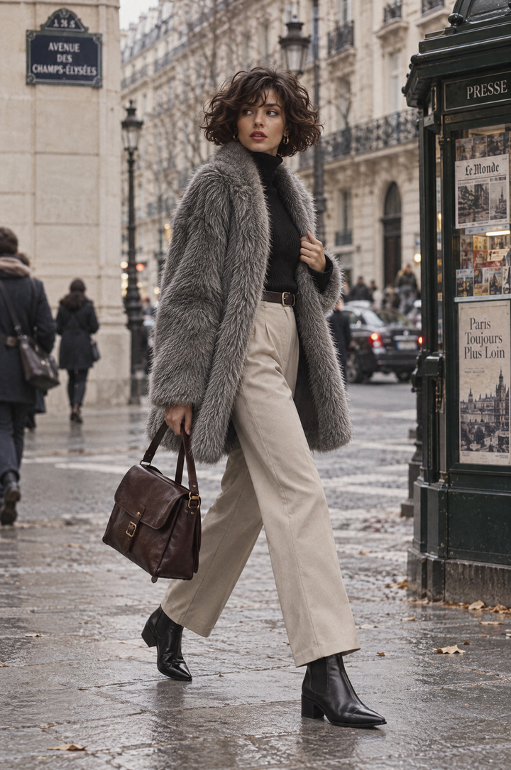 Elegant Mid-Length Faux Mink Fleece Coat with Handle and Straight Cut