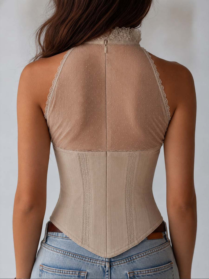 Vintage-Inspired Victorian Top in Linen-Blend with Lace Accents and High Neck