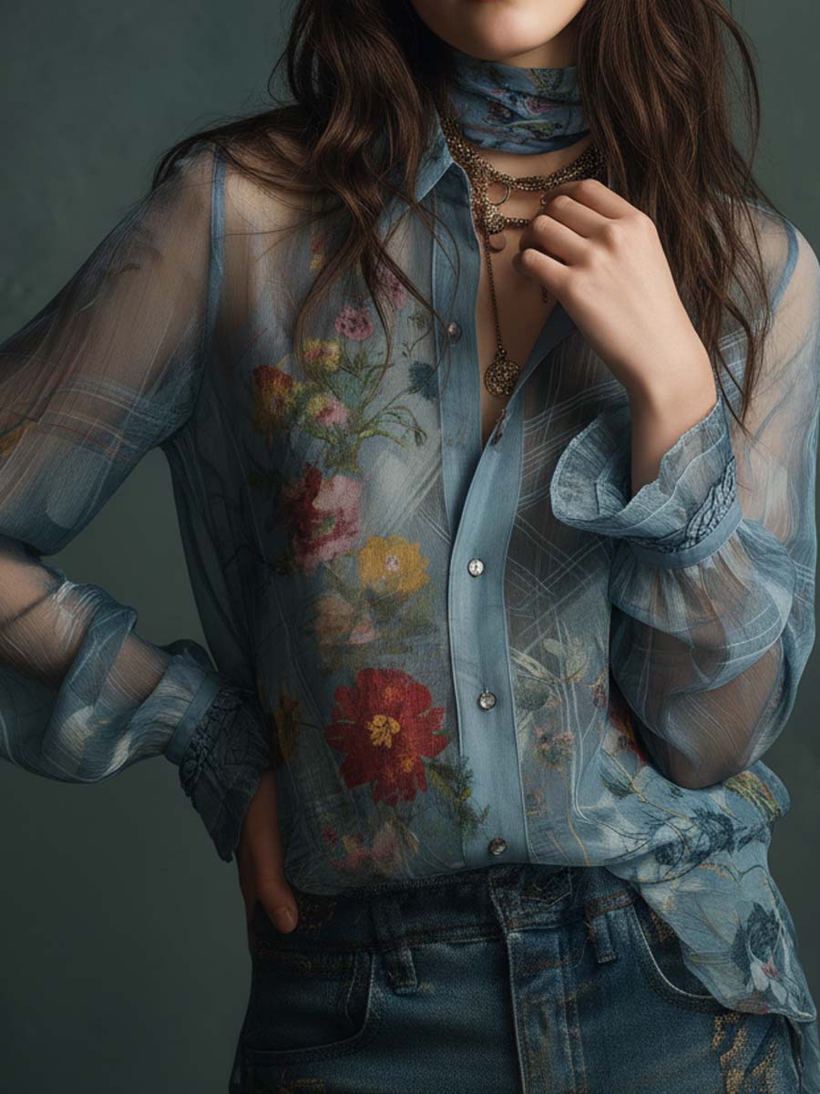 Vintage-Inspired Sheer Floral Blouse with Button Details