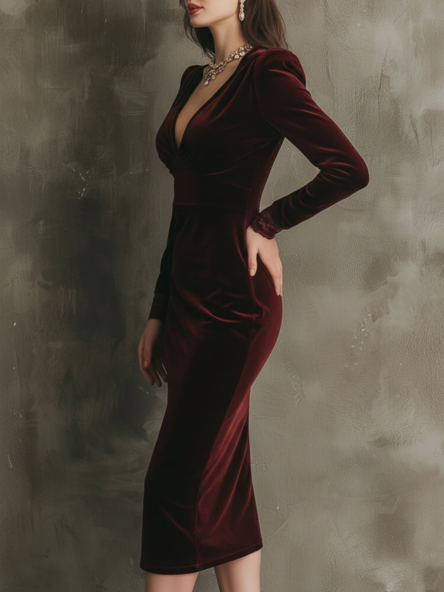 Elegant Lace and Velvet Midi Dress with a Soft Luxurious Feel