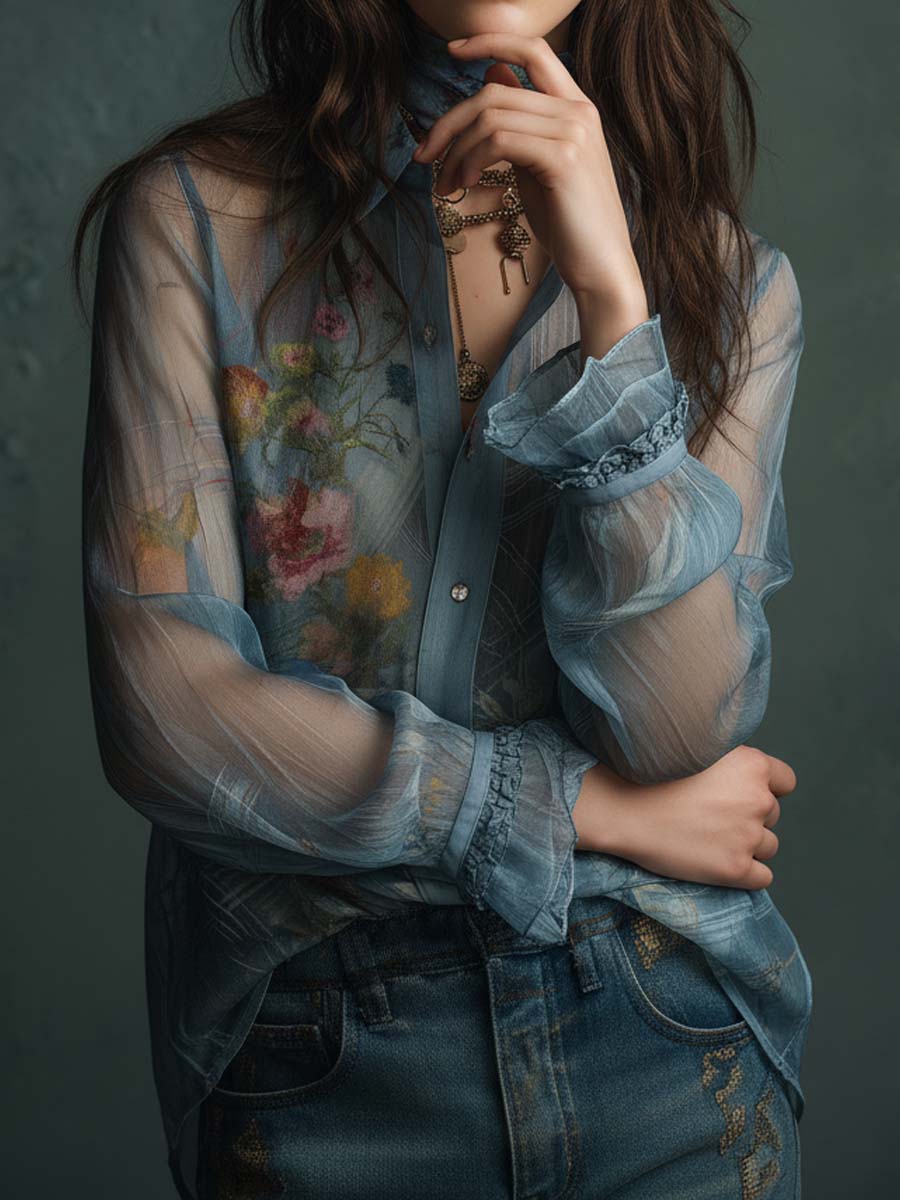 Vintage-Inspired Sheer Floral Blouse with Button Details