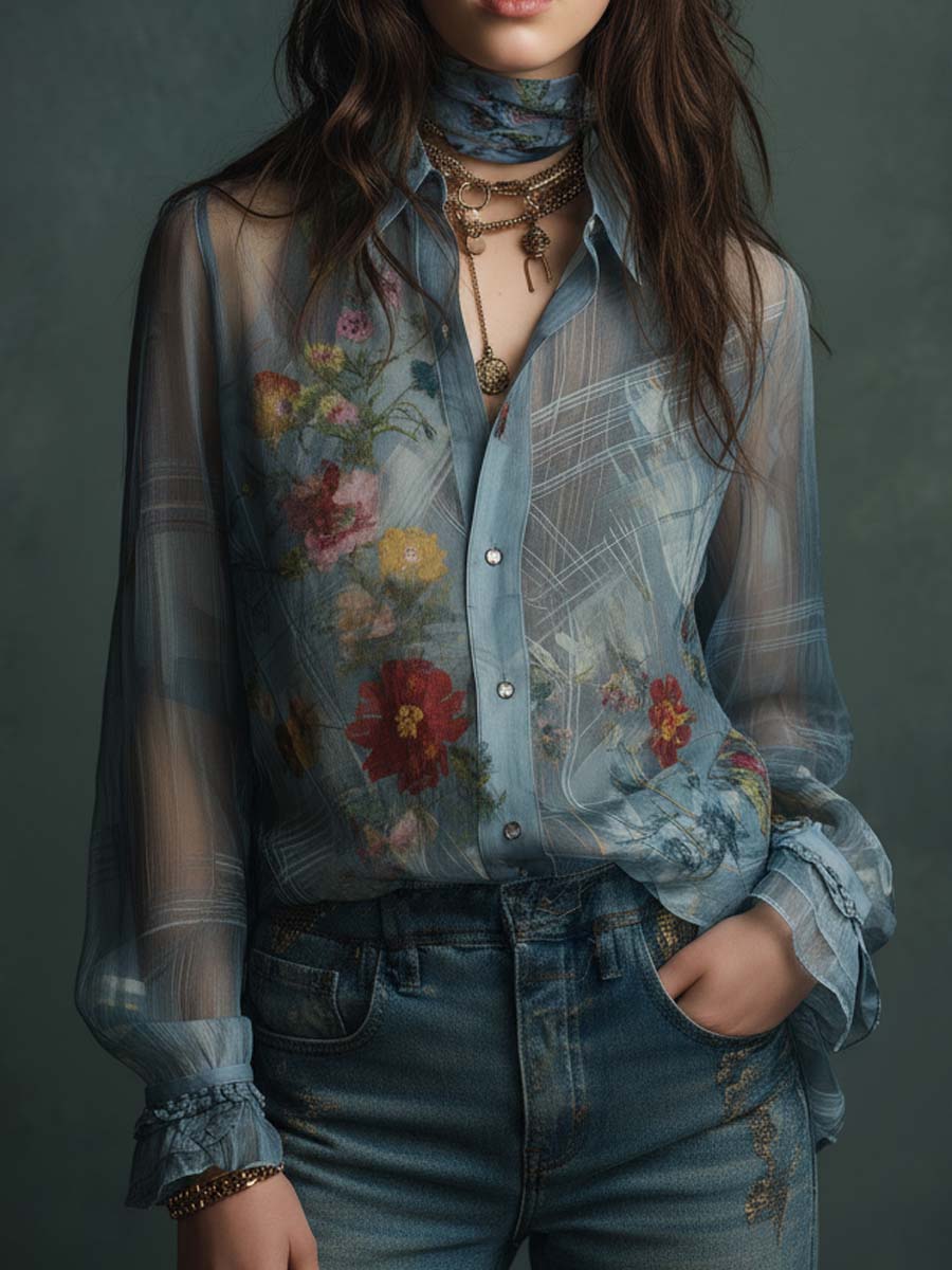 Vintage-Inspired Sheer Floral Blouse with Button Details
