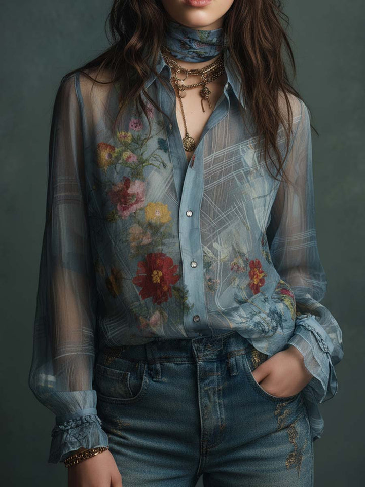 Vintage-Inspired Sheer Floral Blouse with Button Details