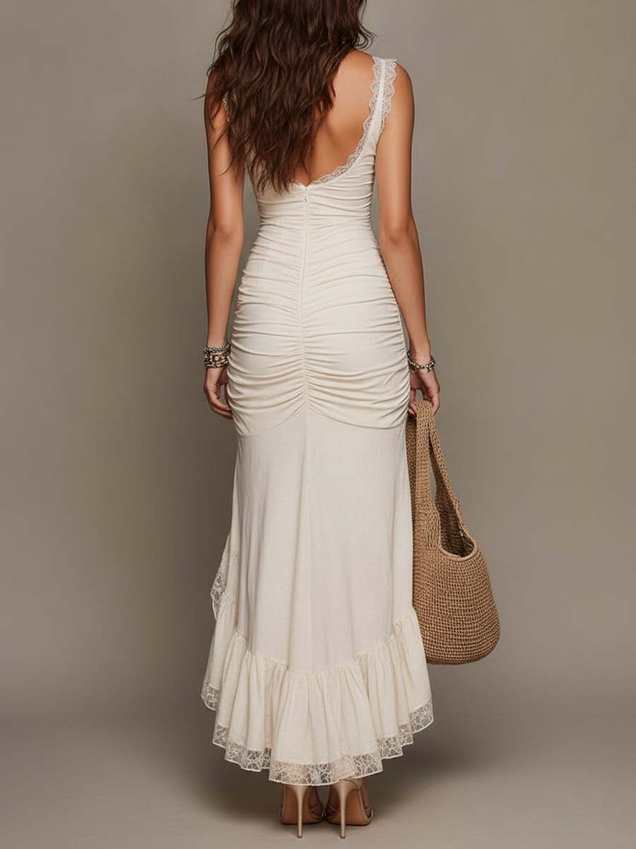 Retro Bohemian Cotton Blend Midi Dress with Lace and Houndstooth Accents