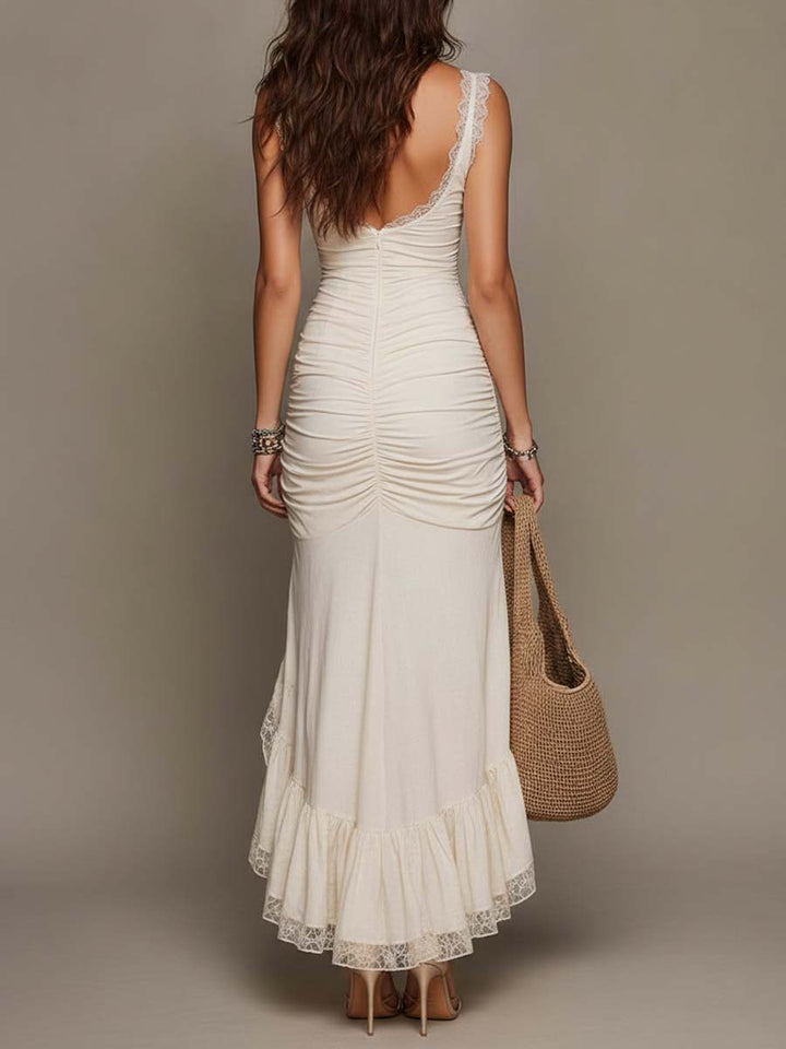 Retro Bohemian Cotton Blend Midi Dress with Lace and Houndstooth Accents