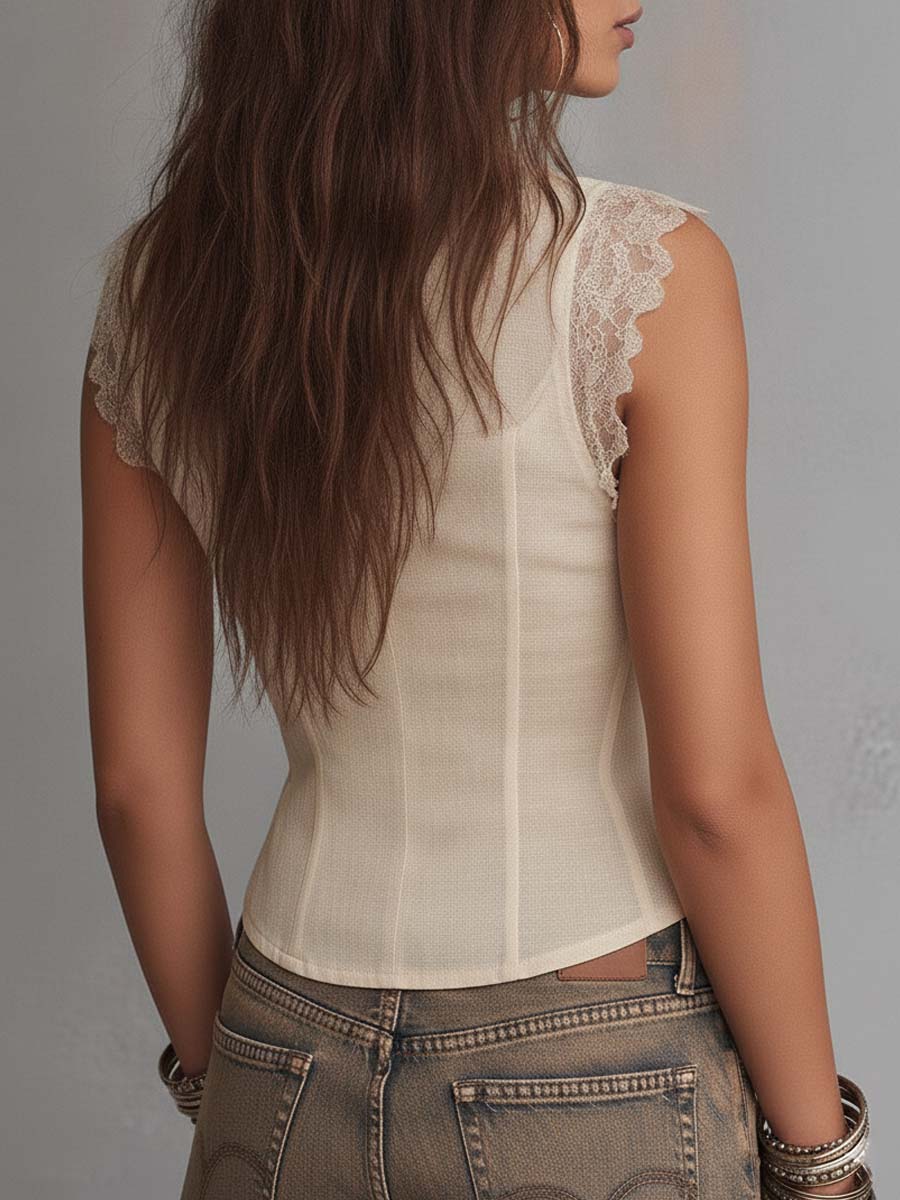 Lace-Trimmed Sleeveless Striped Top with Front Buttons and Fitted Design