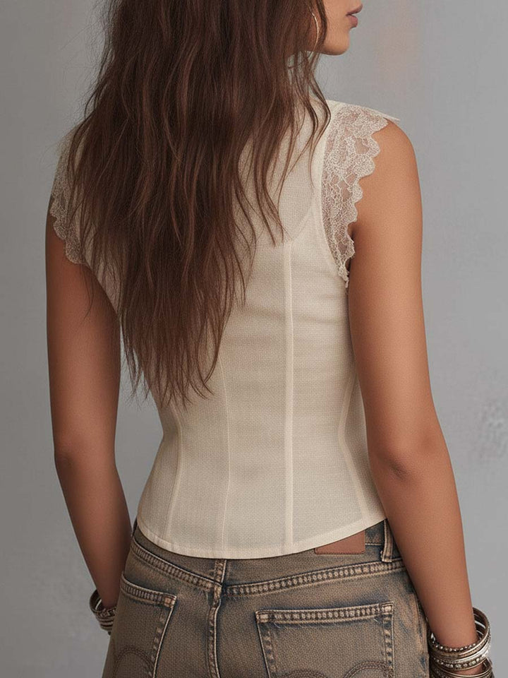Lace-Trimmed Sleeveless Striped Top with Front Buttons and Fitted Design