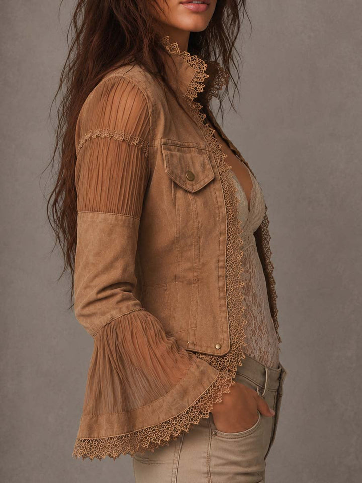 Vintage Bohemian Lace Jacket with Patchwork Pockets and Sheer Long Sleeves