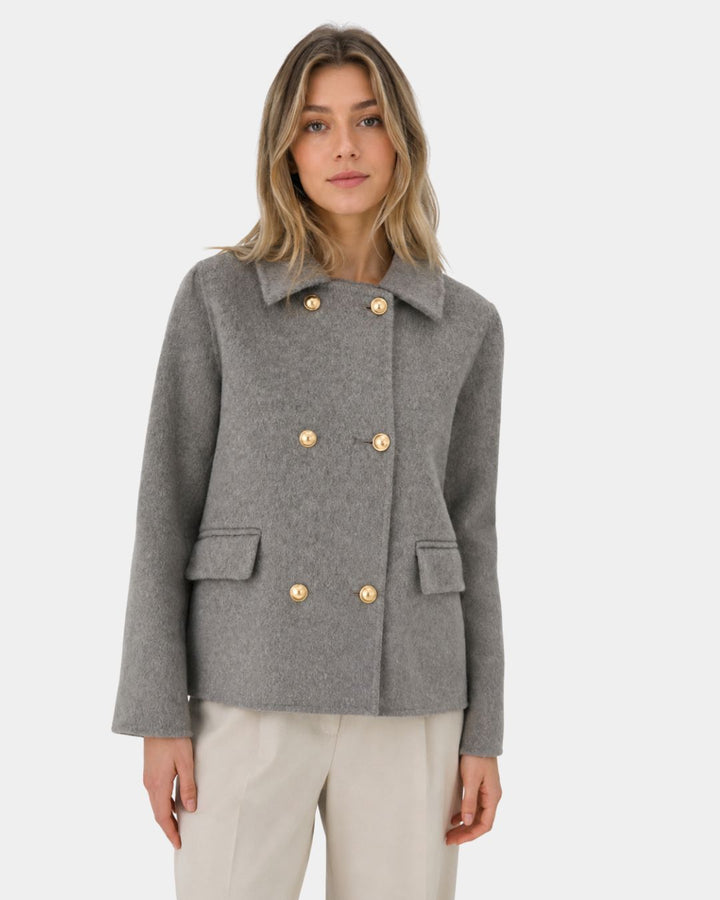 Short Double-Breasted Coat Featuring Elegant Gold Buttons