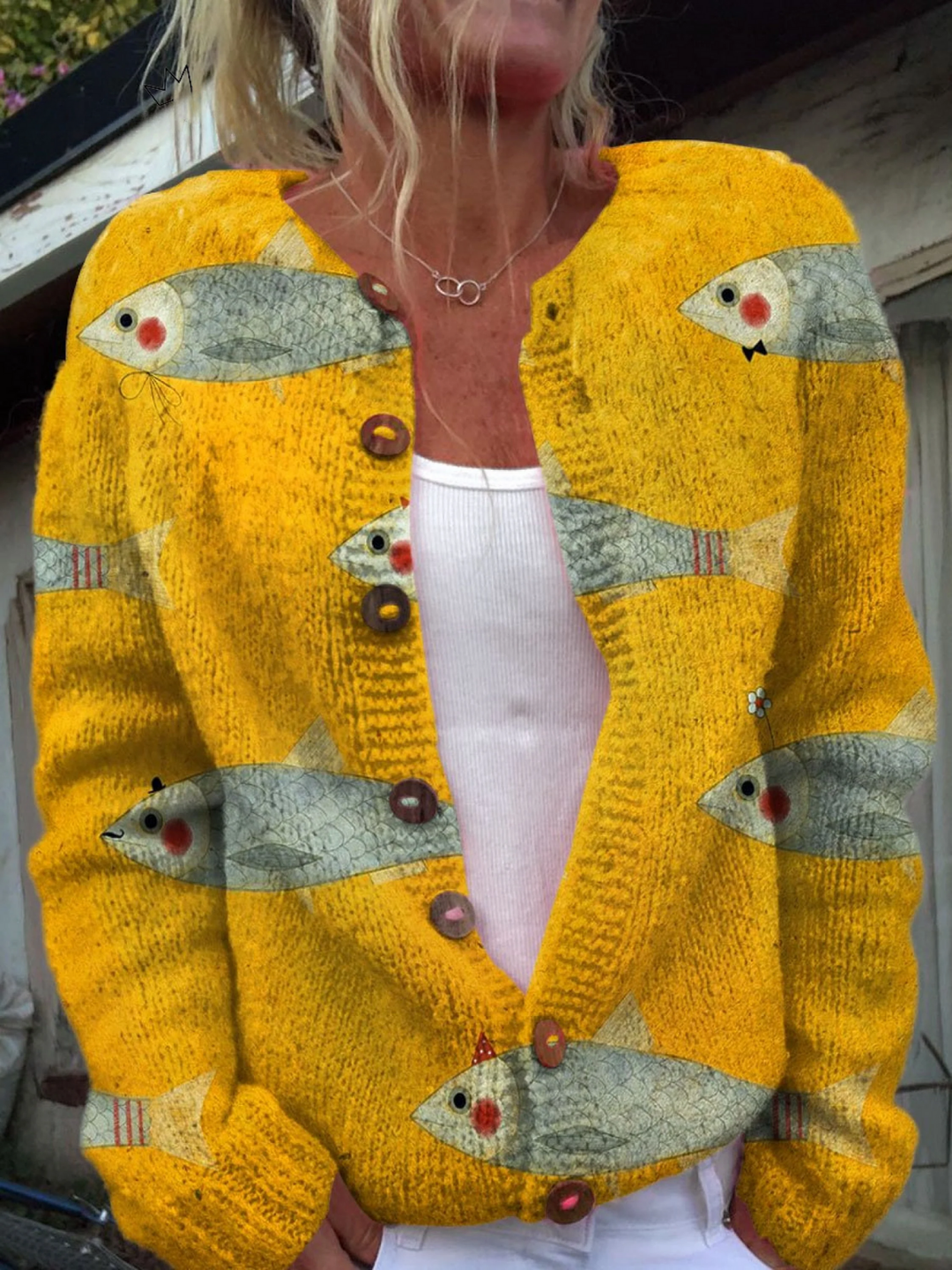 Vintage Knitted Cardigan with Artistic Fish and Sardine Design with Buttons