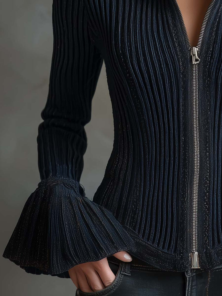 Embroidered Ribbed Jacket with Metallic Finish