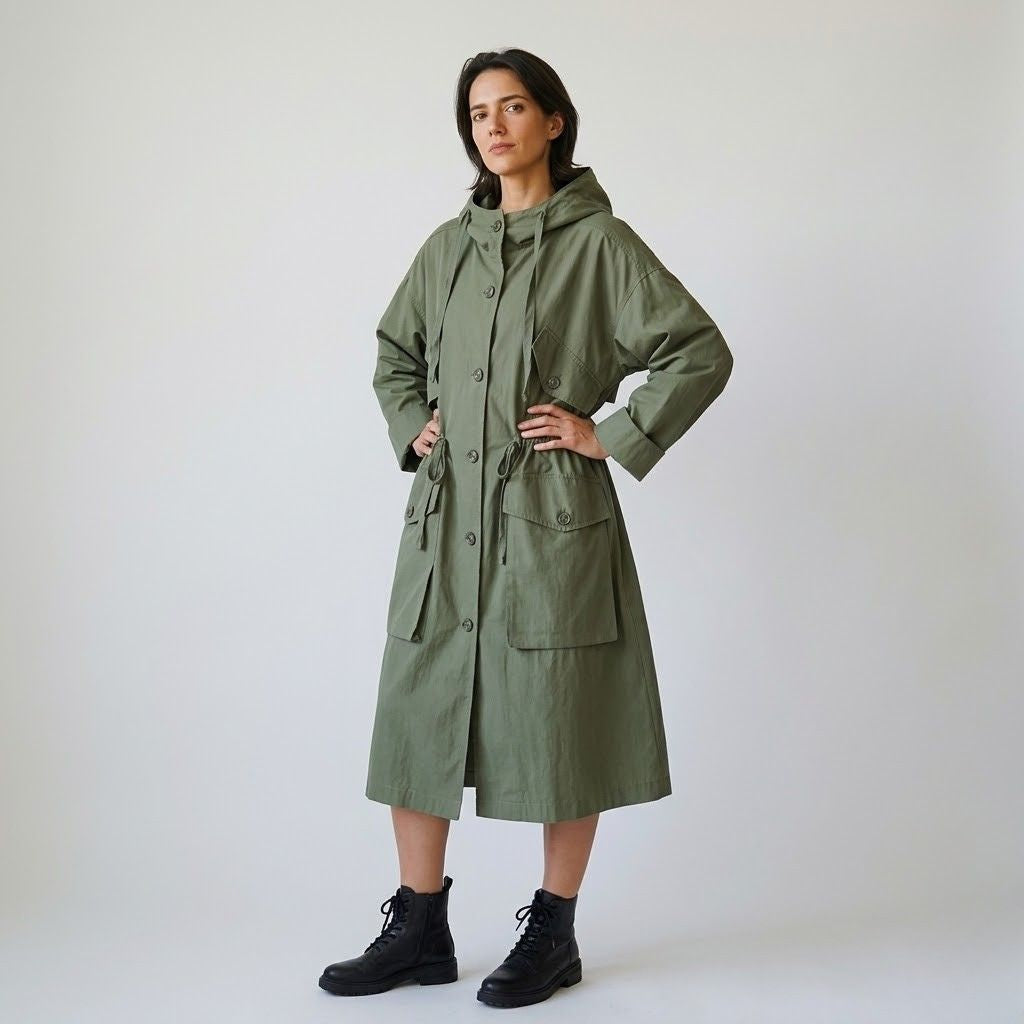 Adjustable Hood Long Parka in Cotton-Polyester Blend with Utility Pockets