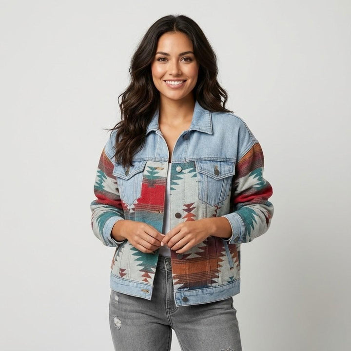 Straight-Cut Short Cotton Jacket with Ethnic Print