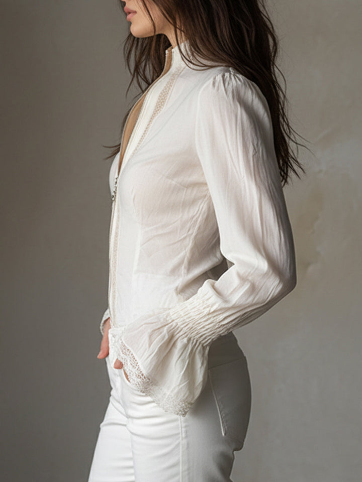 Cotton Blend Blouse with Front Zip, Lace Details, and Bell Sleeves