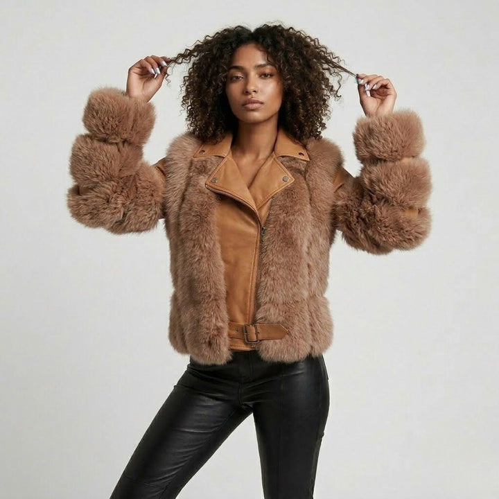 Tailored Biker Jacket Crafted from a Polyester-Acrylic Blend with a Bold Wide Collar