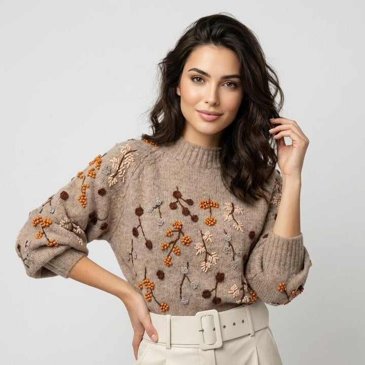 Cozy Knit Sweater Adorned with Handcrafted Floral Embroidery