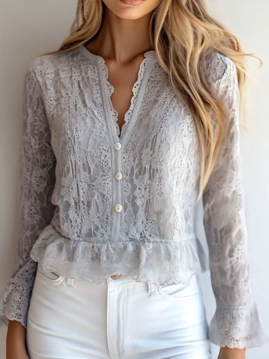 Contemporary V-Neck Shirt with Button Details and Long Lace Sleeves