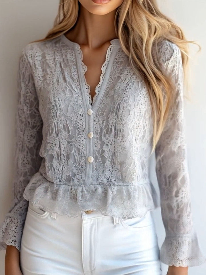 Contemporary V-Neck Shirt with Button Details and Long Lace Sleeves