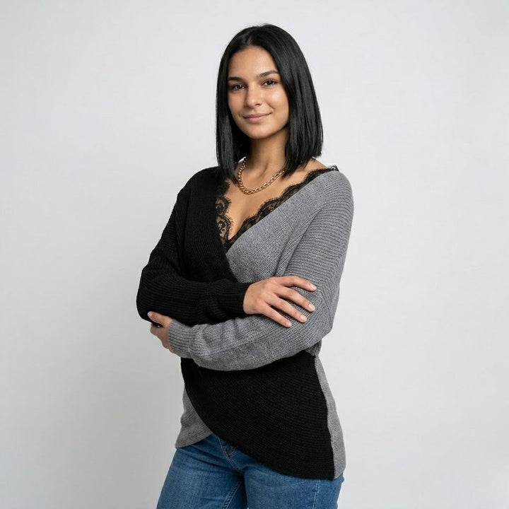 Flowy Lace-Detail Knitted Sweater in Polyester-Elastane Blend