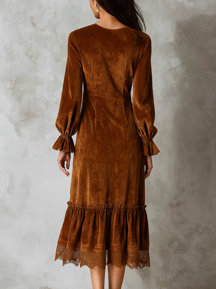 Eco-Friendly Velvet Retro Midi Dress with Lace and Stitch Details
