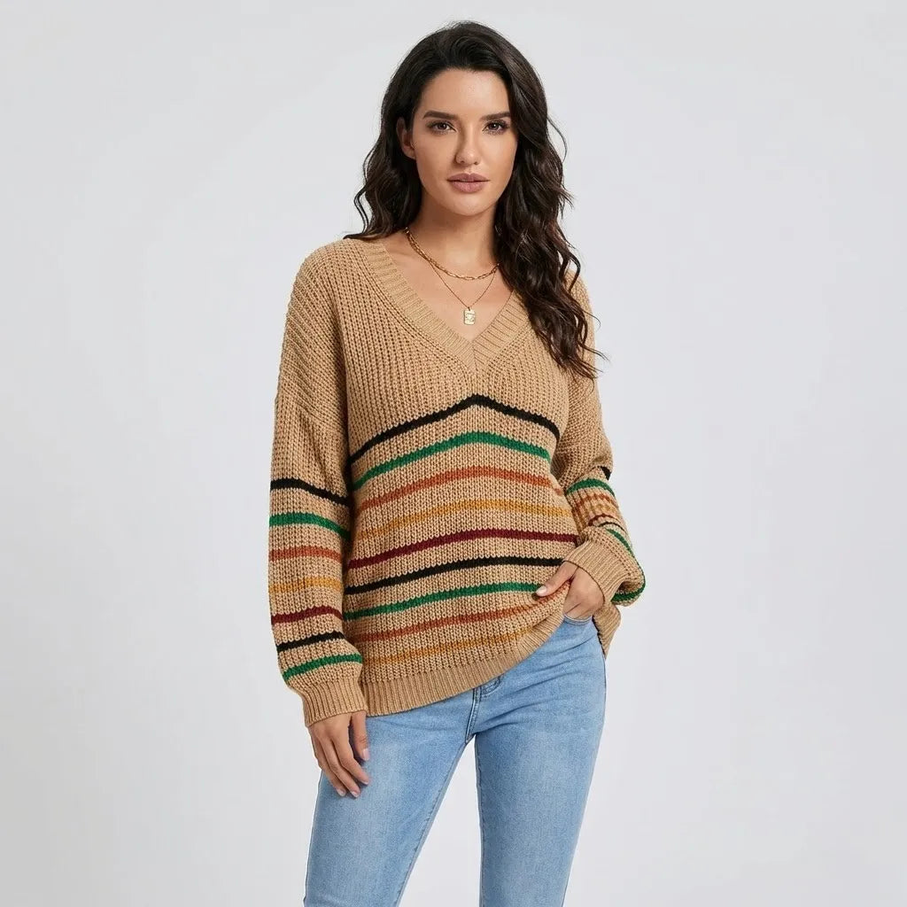 Casual Elegant Loose-Fit Knitted Sweater with Subtle Stripes