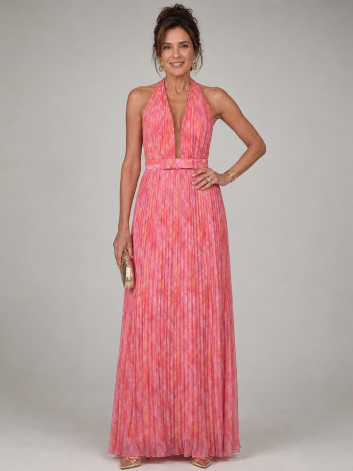 Rosel | Long dress with halter neck and pleated skirt