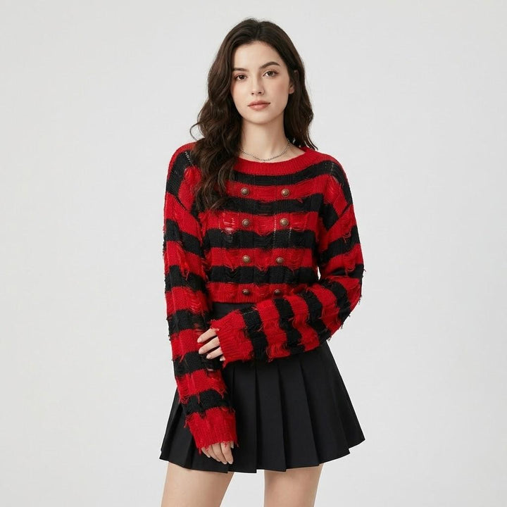 Graphic Pattern Knitted Sweater with Decorative Front Buttons