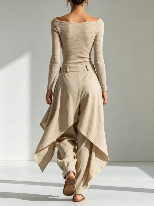 Beige Ensemble Featuring Wide-Leg Trousers and Boat Neck Top