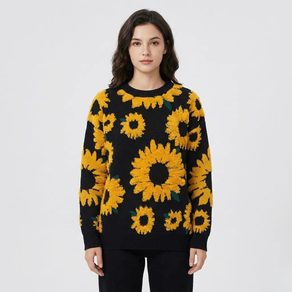 Floral Patterned Loose-Fit Knitted Sweater