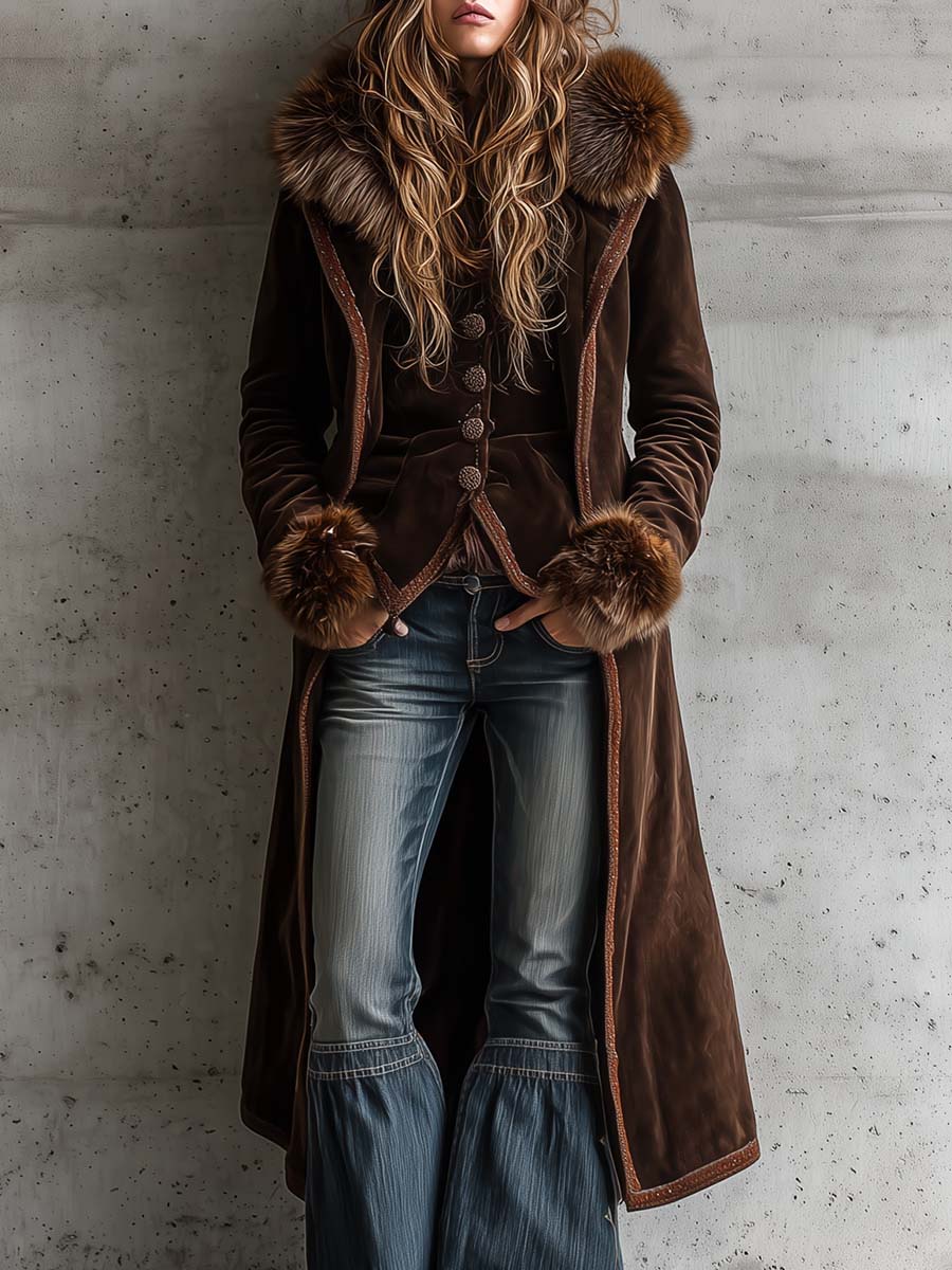 Brown Microfiber Maxi Suit with Metallic Buttons and Faux Fur Accents