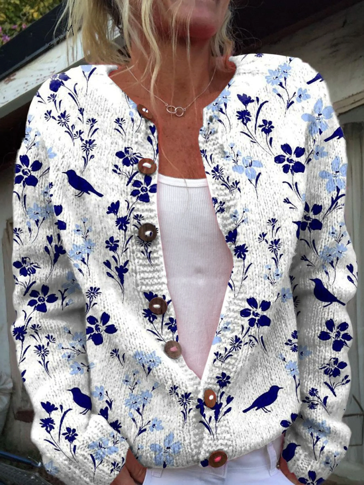 Vintage Knitted Cardigan with Floral Artistic Design and Buttons