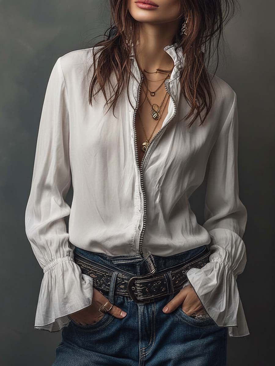 White Puff Sleeve Blouse with Zip Detail