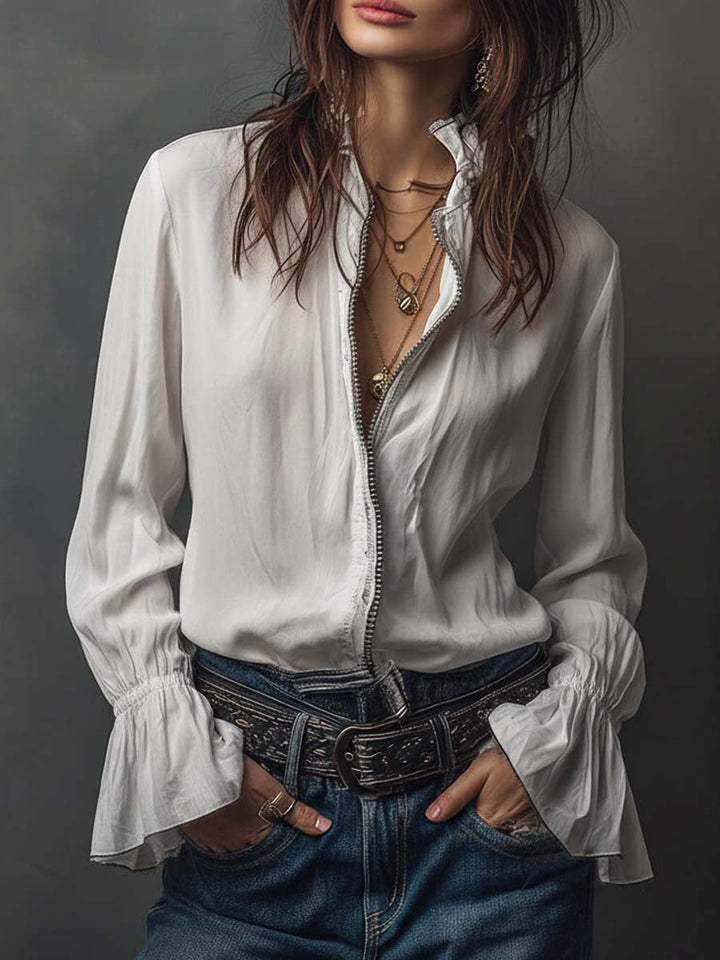 White Puff Sleeve Blouse with Zip Detail