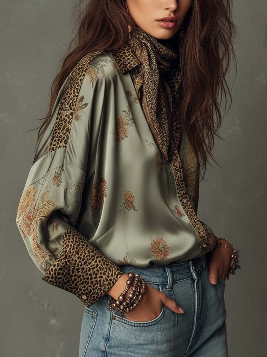 Floral Satin Blouse with Leopard Print Trim