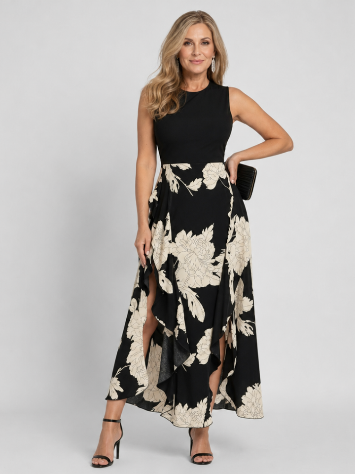 Klasen | Midi Dress Without Sleeves with Flower and Asymmetrical Jacket